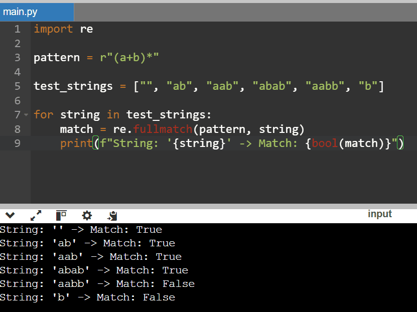 A screenshot of Python code that tests several strings against the regular expression (a+b) using re.fullmatch to see if they match the pattern.