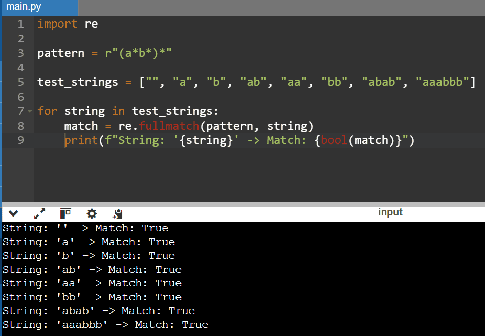 A screenshot of Python code that tests several strings against the regular expression (ab) using re.fullmatch to see if they match the pattern.