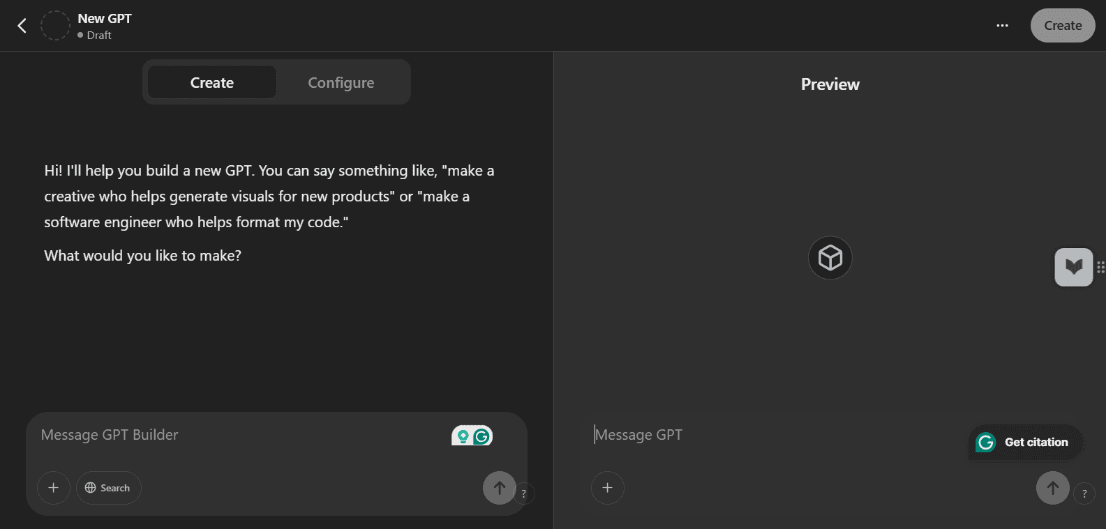 GPT builder create custom GPT tab