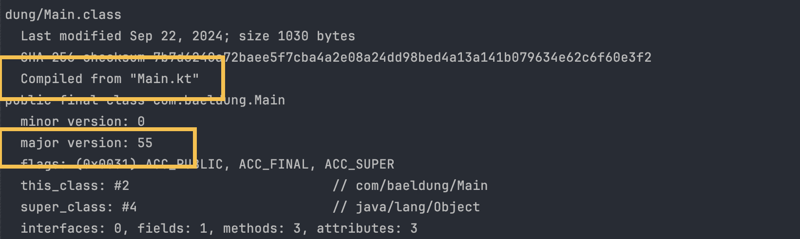 javap -verbose output for Main.class with Java Major Version