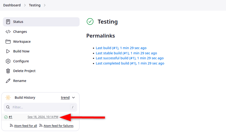 Sample job in Jenkins with build history.