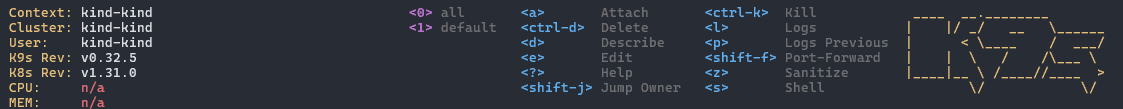 the header region showing diagnostic information such as k9s and cluster version on the left, and various keybindings on the top right.