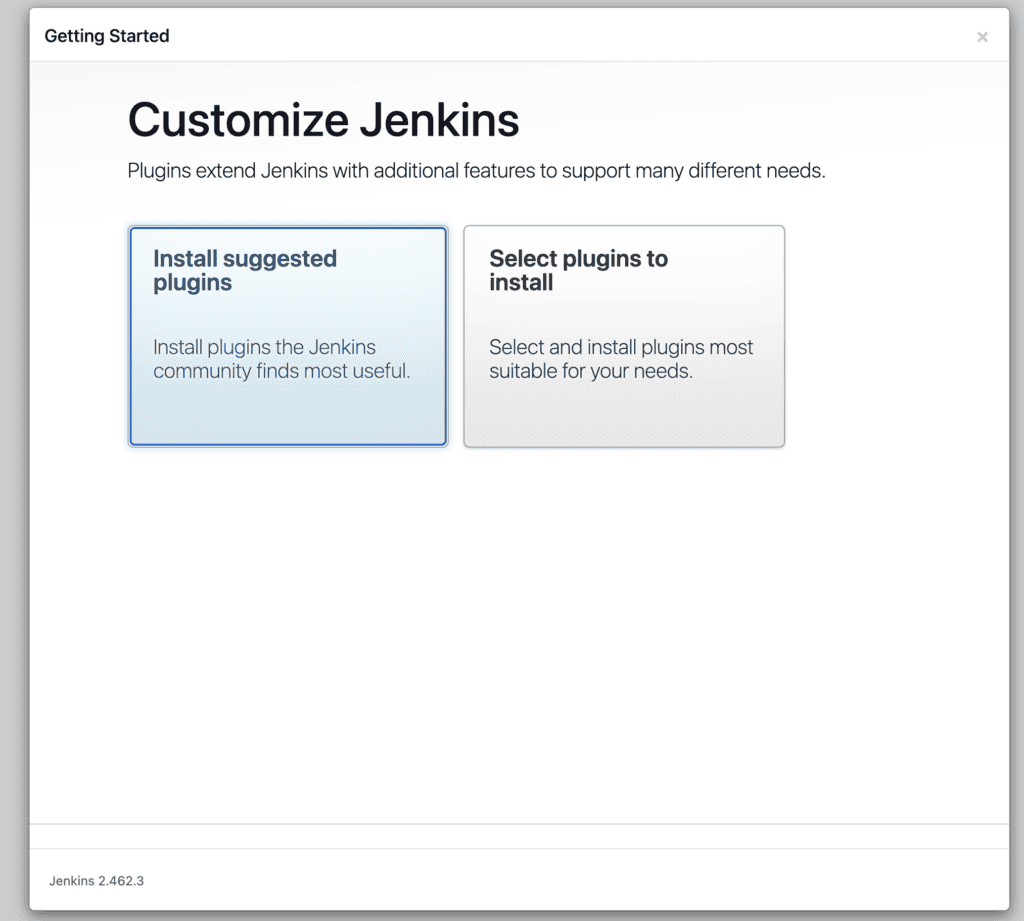 Jenkins customize plugins screen showing options to install suggested plugins or select plugins manually.