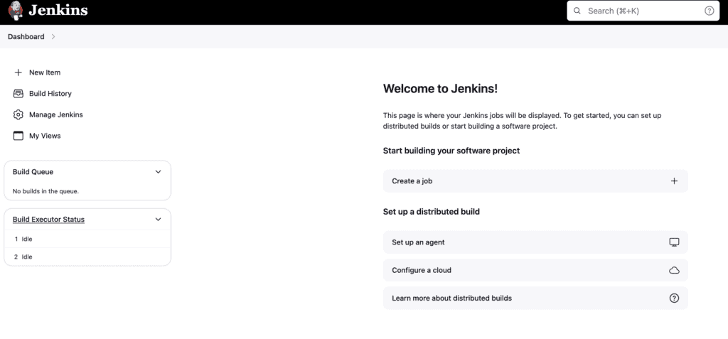 Jenkins dashboard with the welcome message and options to create a job or set up distributed builds.