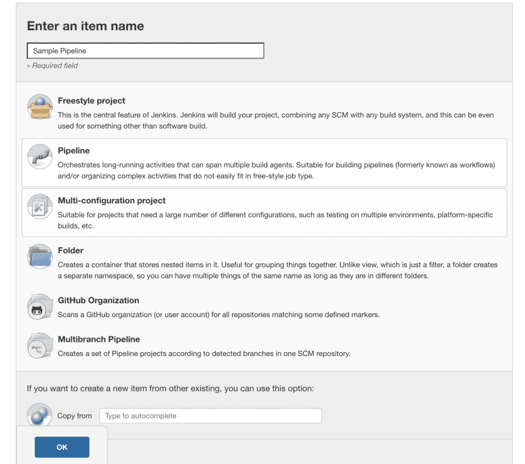 Jenkins interface for creating a pipeline, displaying options like Freestyle project, Pipeline, and Multi-configuration project.