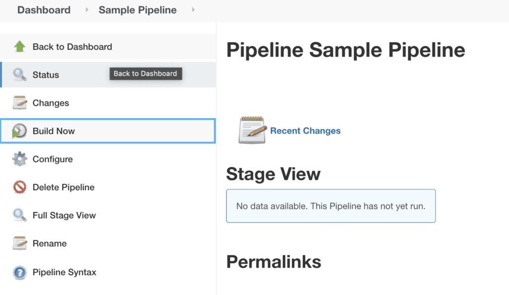 Jenkins pipeline dashboard for the sample pipeline with options to build, configure, or view pipeline stages.